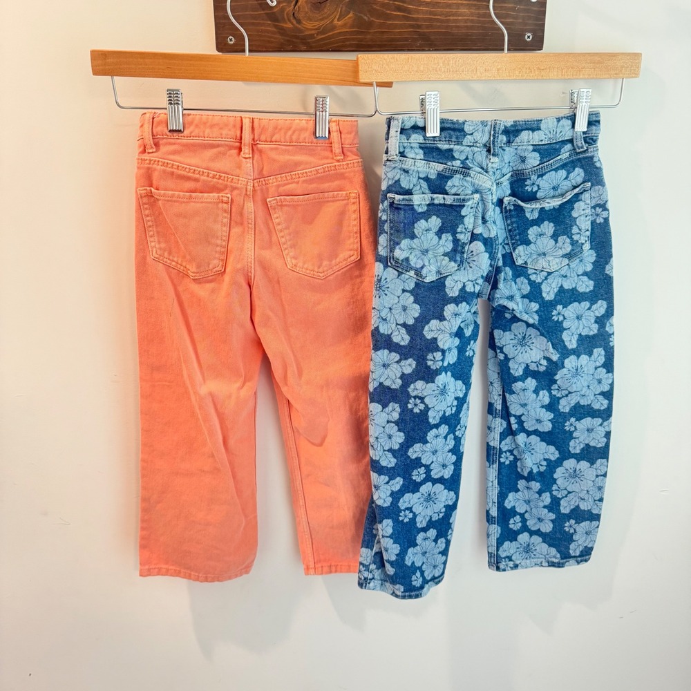 HM Girls Wide Leg Jeans Bundle Size 6 Coral and Blue Floral Denim Pants 2 Pack
